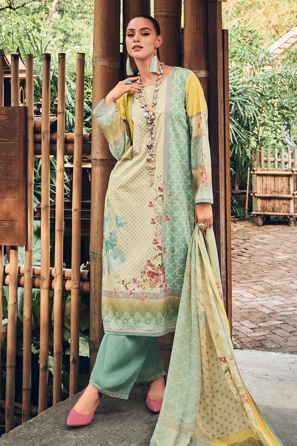 Sea Green Color Cotton Printed Unstitched Suit Material