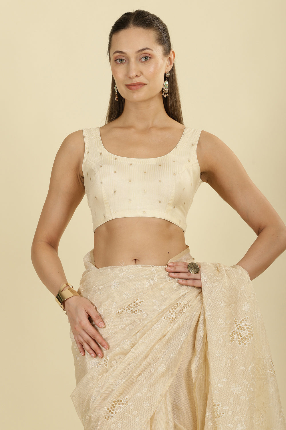 Cream Floral Resham Embroidered Cotton Saree