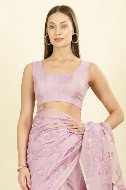 Lavender Cotton Floral Resham Embroidered Saree