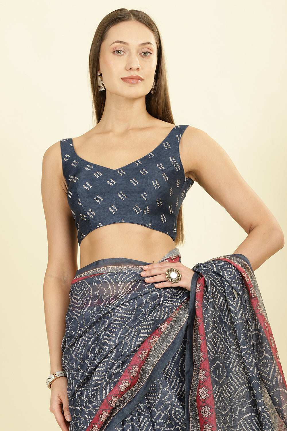 Navy Bandhani Printed Cotton Saree
