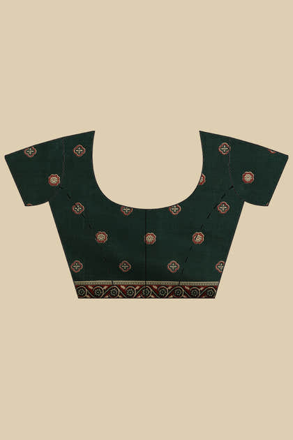 Bottle Green Cotton Silk Ajrakh Block Printed Saree