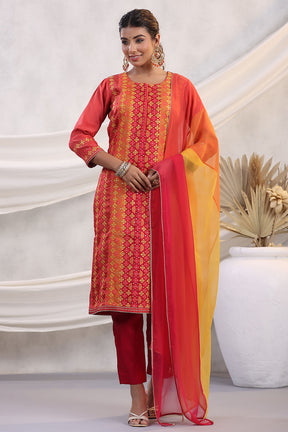 Coral Color Embroidered Silk Unstitched Suit Fabric