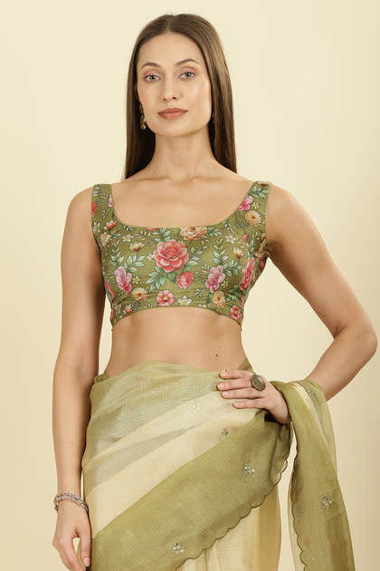 Ombre Olive Green Organza Saree With Mirror Work