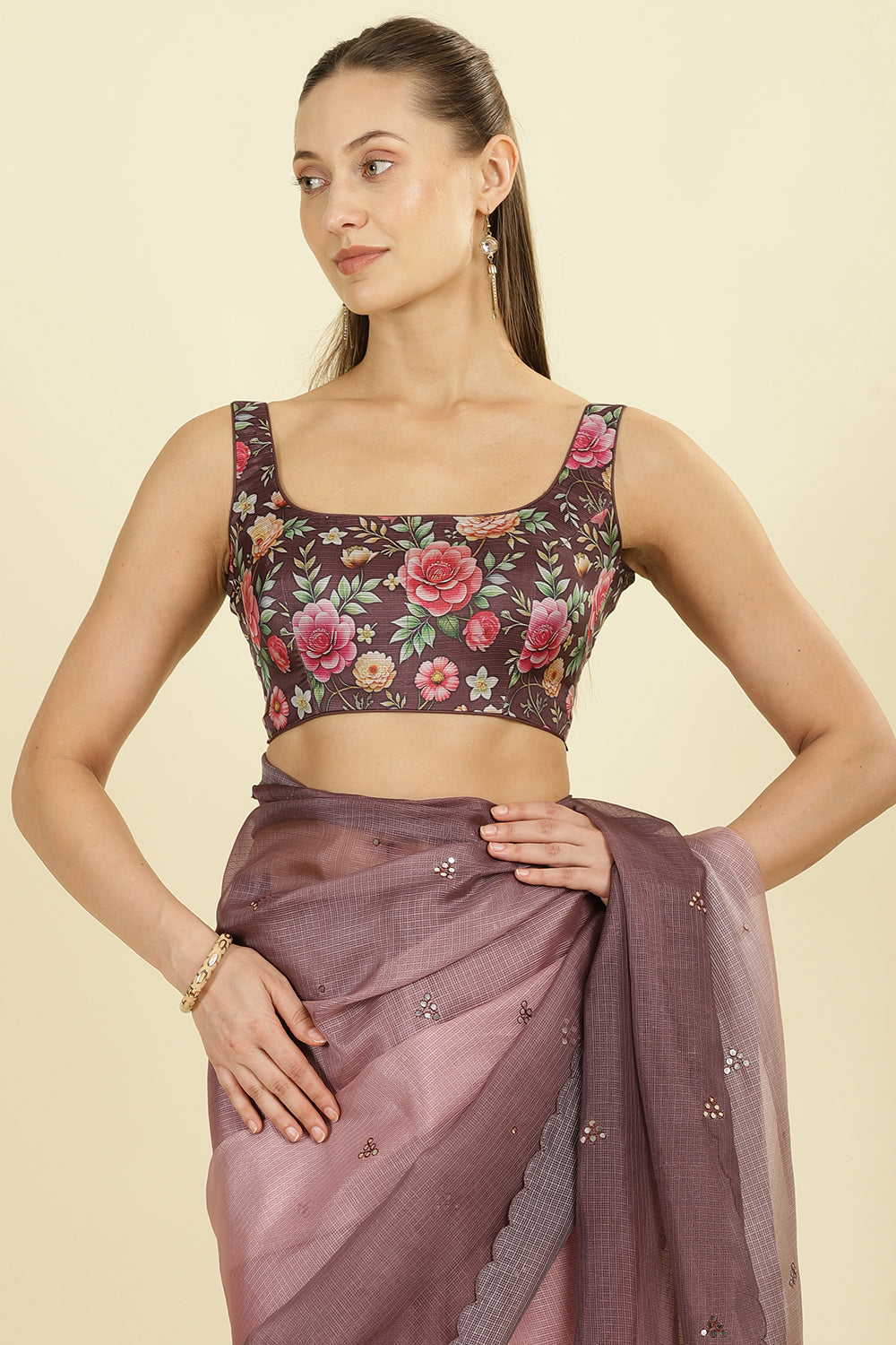 Ombre Dusty Rose Organza Saree With Mirror Work