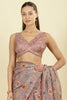 Light Brown Organza Floral Printed And Lace Work Saree