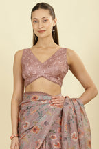 Light Brown Organza Floral Printed And Lace Work Saree