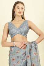 Grey Organza Floral Printed And Lace Work Saree