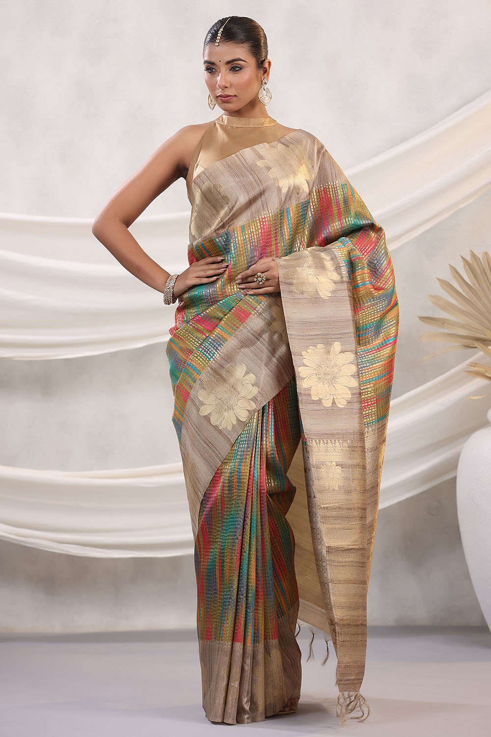 Multi-Colored Tussar Silk Woven Saree