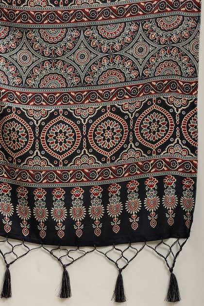 Navy Cotton Silk Ajrakh Block Printed Saree