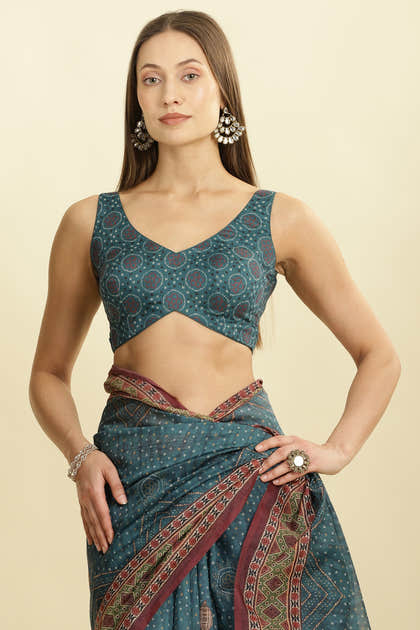 Blue Organza Cotton Bandhani Block Printed Saree
