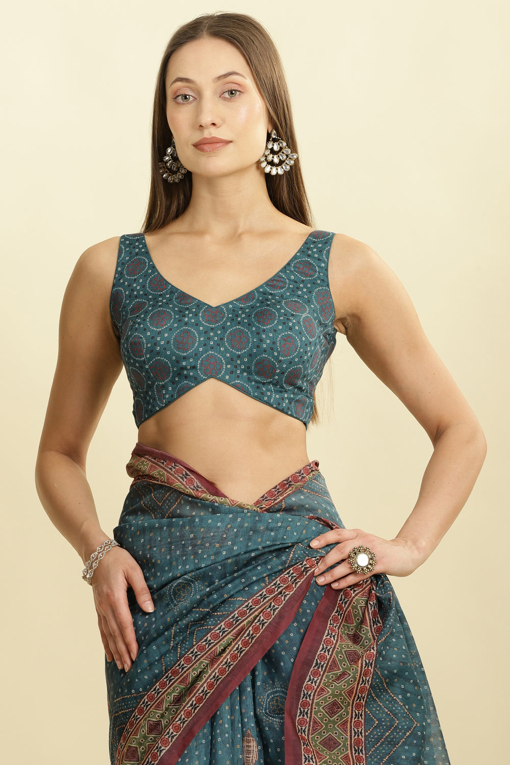 Blue Organza Cotton Bandhani Block Printed Saree