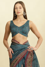 Blue Organza Cotton Bandhani Block Printed Saree