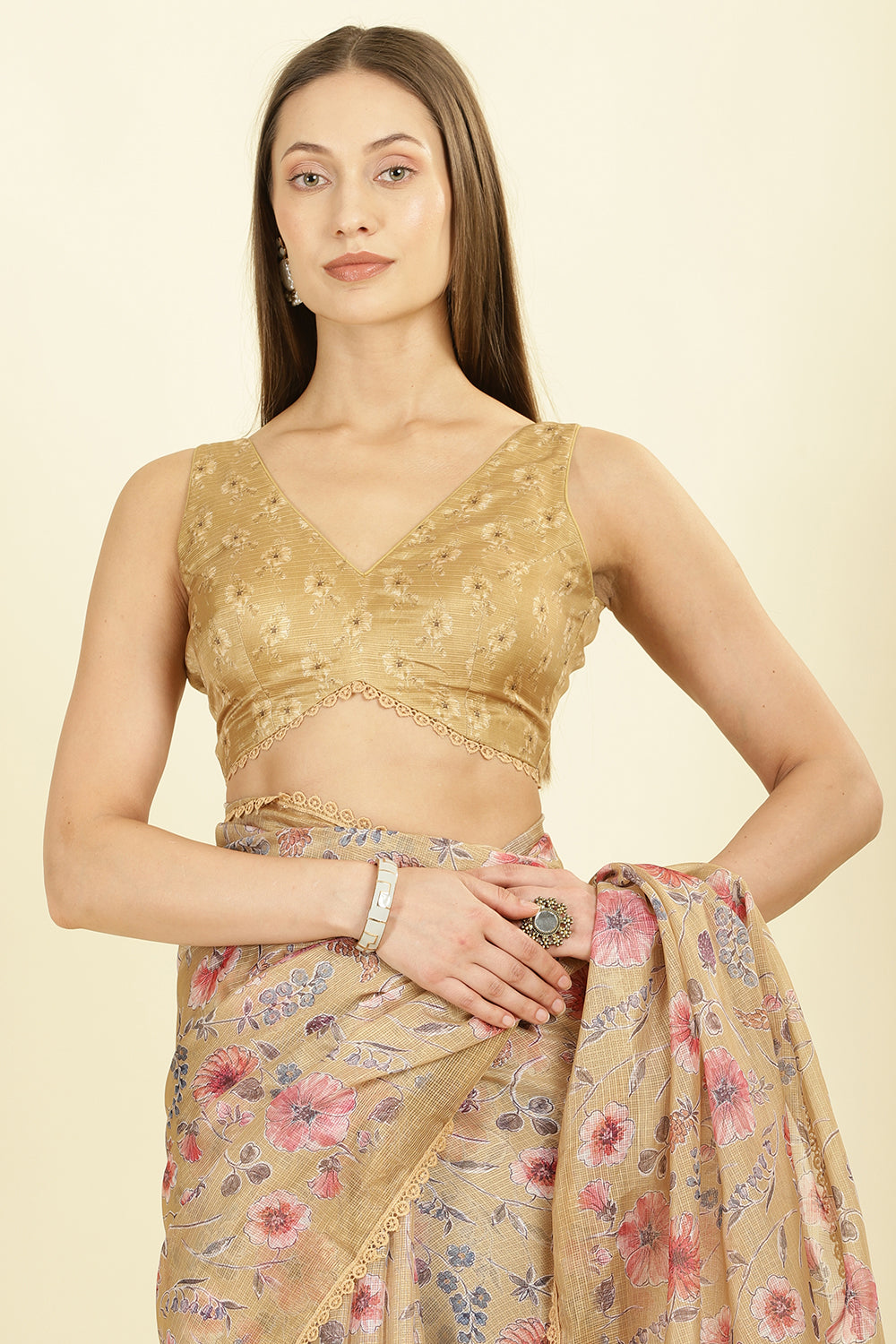 Light Mustard Organza Floral Printed And Lace Work Saree