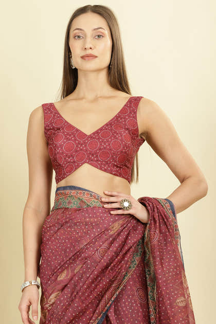 Maroon Organza Cotton Bandhani Block Printed Saree