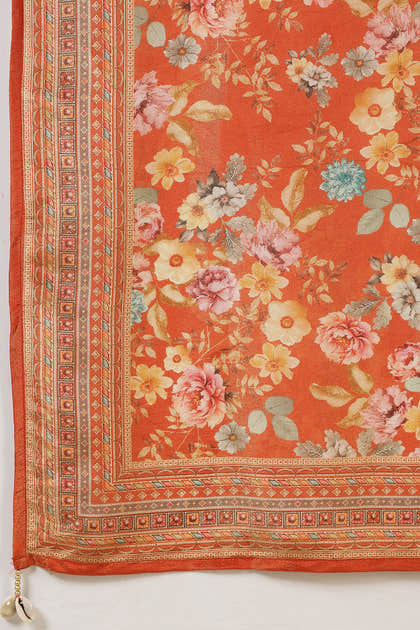 Orange Color Shimmer Tissue Printed & Embroidered Suit Set