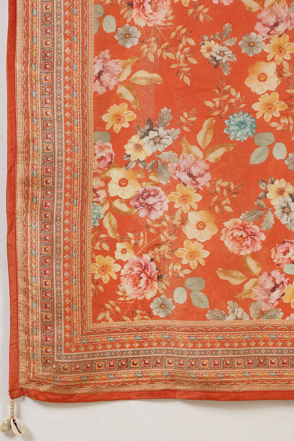 Orange Color Shimmer Tissue Printed & Embroidered Suit Set