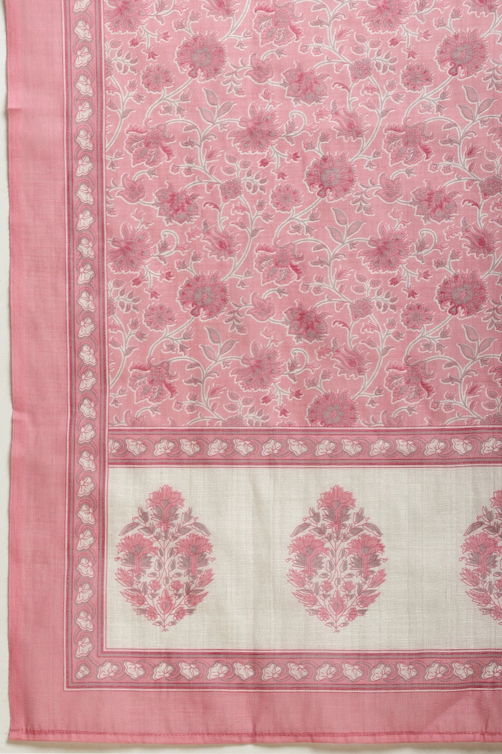 Cream & Pink  Chanderi Cotton Hacoba Style & Floral Printed Unstitched Suit Material