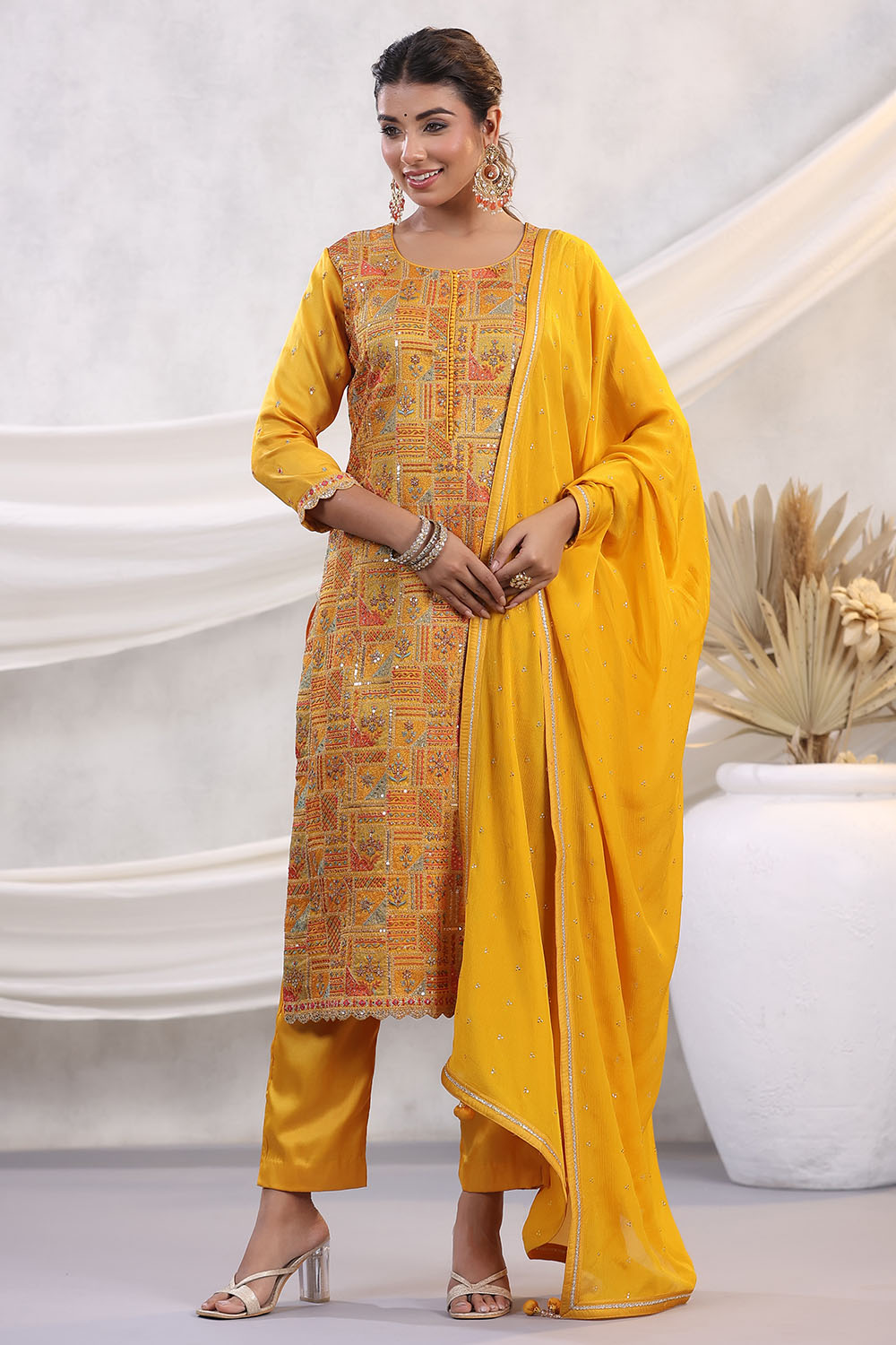 Mustard Color Embroidered Georgette Unstitched Suit Fabric