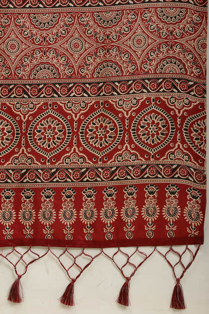 Maroon Cotton Silk Ajrakh Block Printed Saree