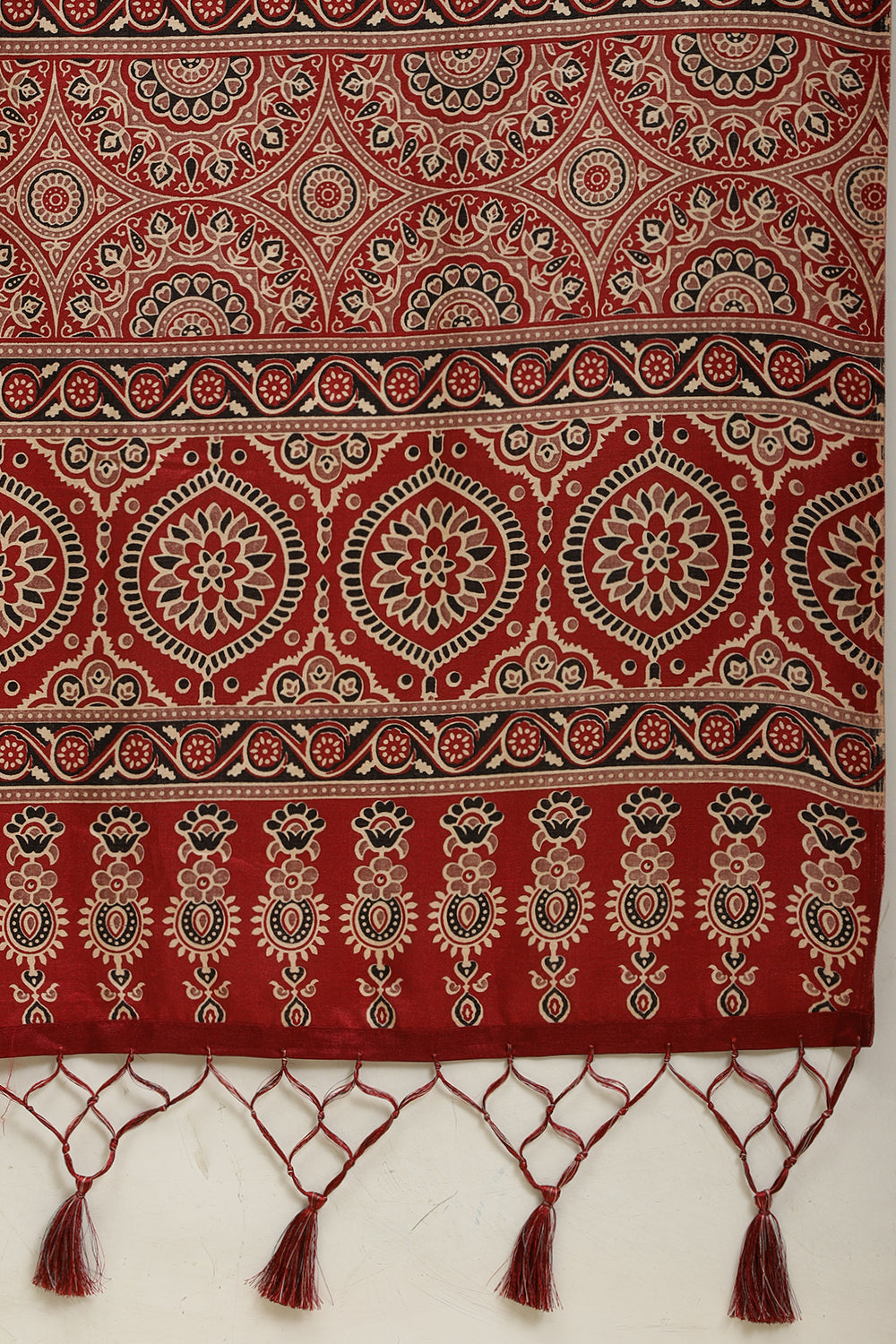 Maroon Cotton Silk Ajrakh Block Printed Saree