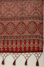 Maroon Cotton Silk Ajrakh Block Printed Saree