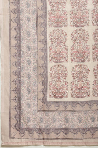 Beige Cotton Floral Printed And Neck-EmborideredUnstitched Suit Material