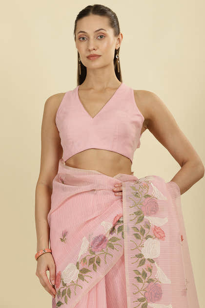 Pink Kota Cotton Floral Resham Embroidered And Zari Woven Saree