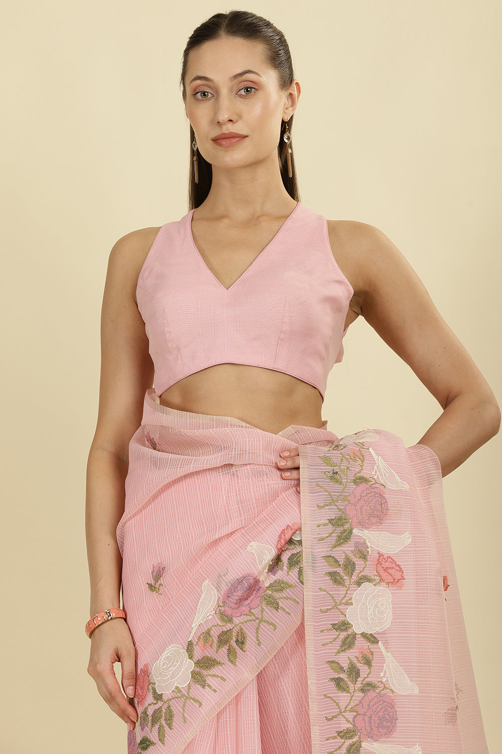 Pink Kota Cotton Floral Resham Embroidered And Zari Woven Saree