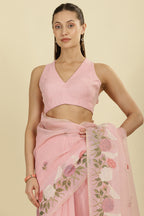 Pink Kota Cotton Floral Resham Embroidered And Zari Woven Saree
