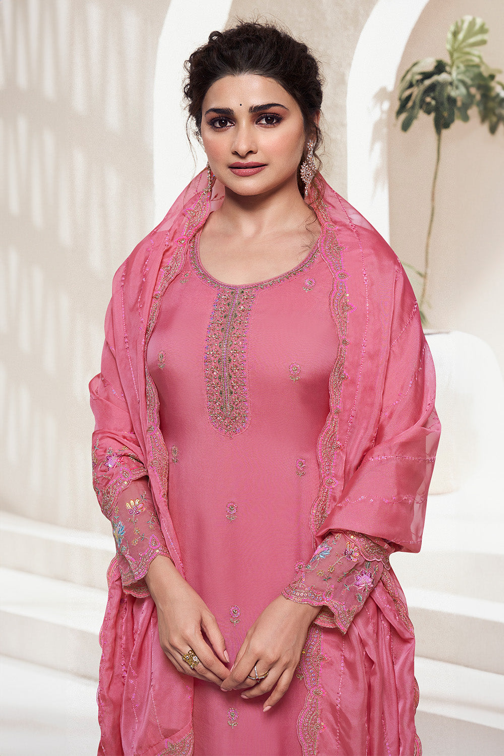 Peach Color Organza Embroidered Unstitched Suit Material