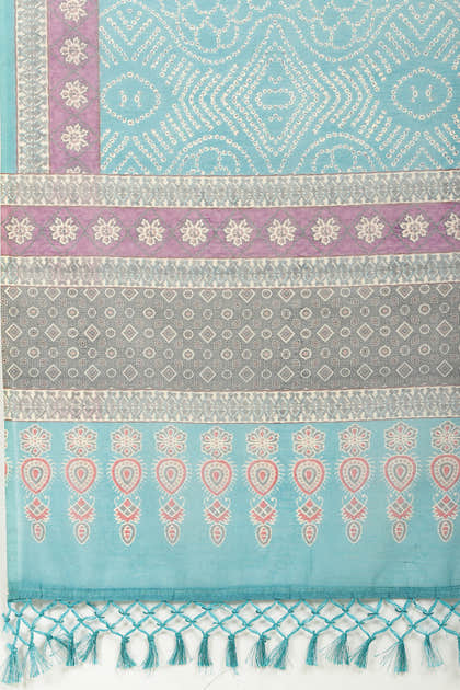 Teal Bandhani Printed Cotton Saree
