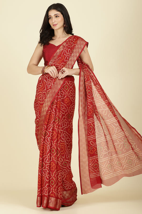Maroon Color Chiffon Bandhani Printed Saree