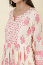 Cream & Pink Cotton Printed (Peonies) Anarkali Kurti