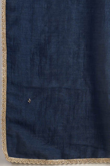 Navy Crepe Silk Neck Embroidered Suit