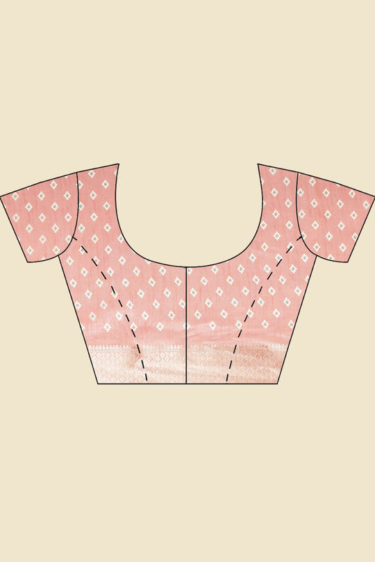 Peach Cotton Silk Printed And Zari Woven Saree