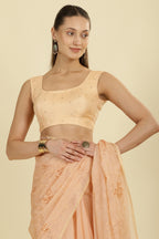 Light Peach Floral Resham Embroidered Cotton Saree