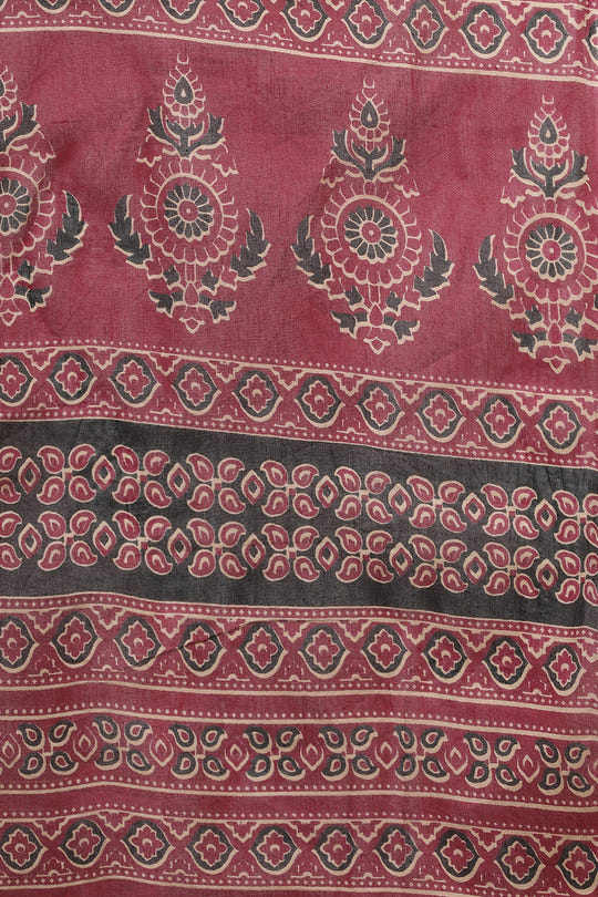 Black & Wine Cotton Floral Printed Saree