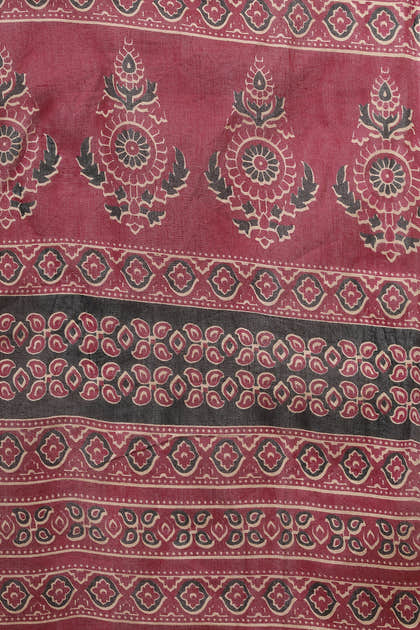Black & Wine Cotton Floral Printed Saree