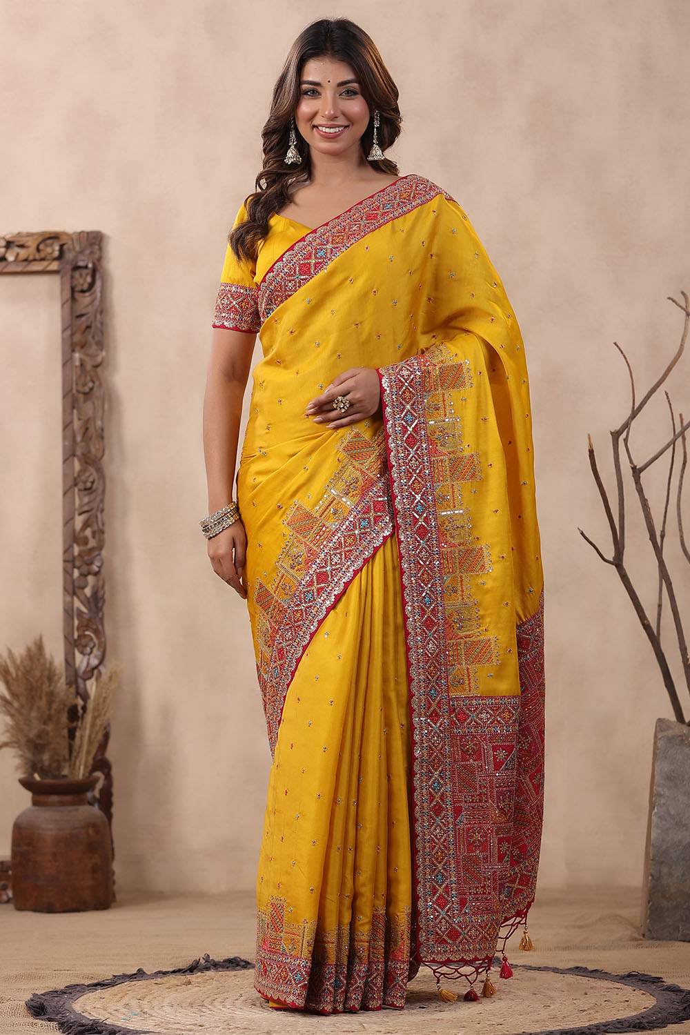 Mustard Color Embroidery Silk Saree