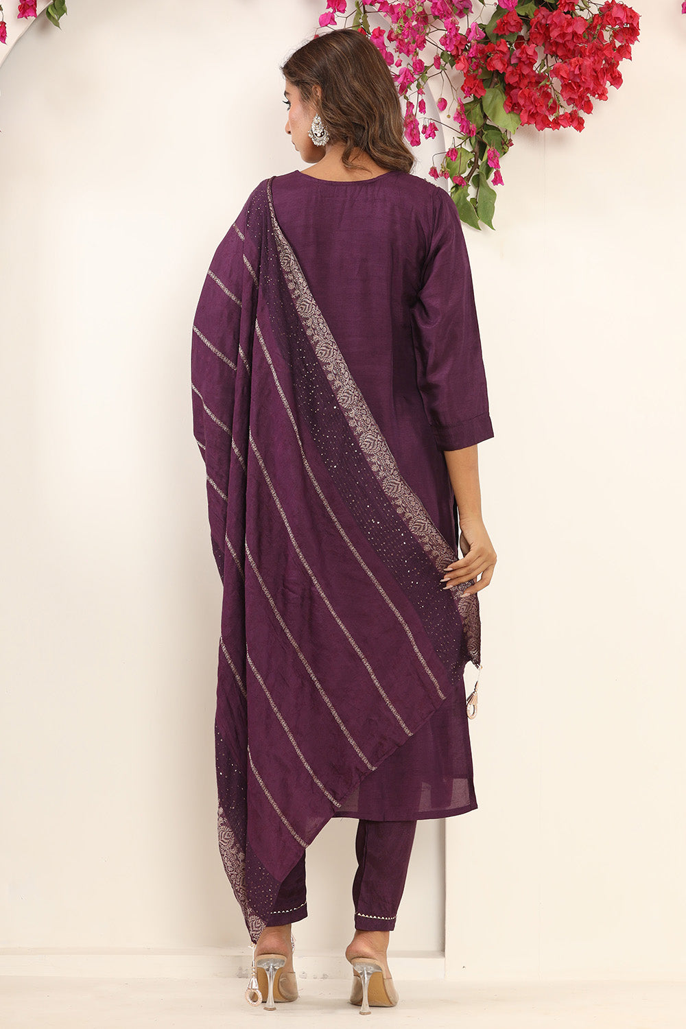 Purple Color Silk Neck Embroidered Straight Suit