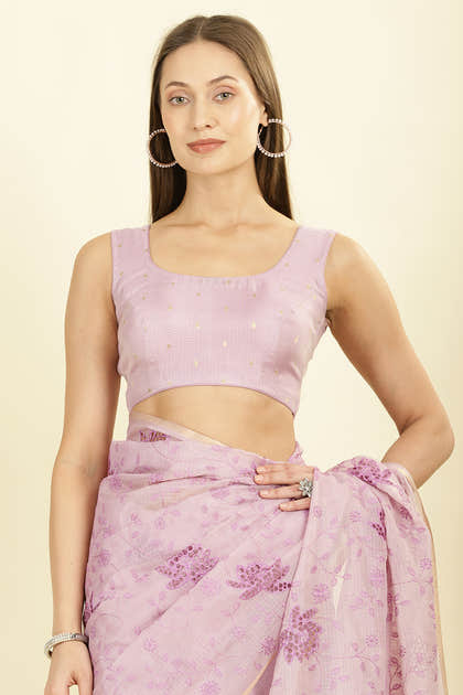 Lavender Floral Resham Embroidered Cotton Saree