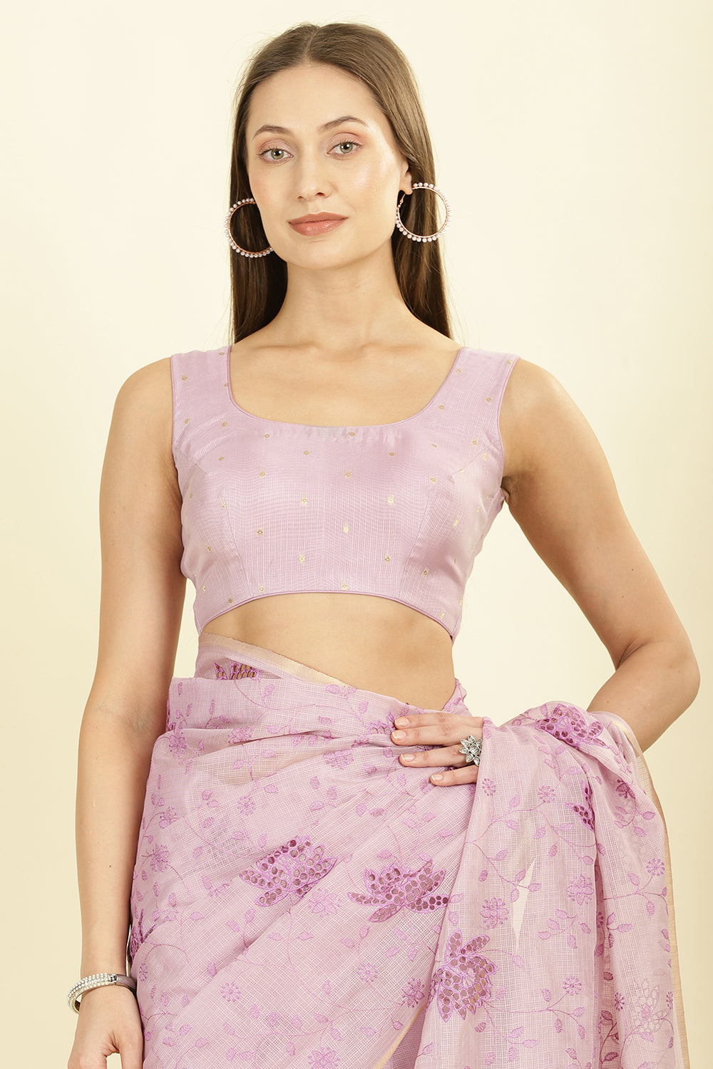 Lavender Floral Resham Embroidered Cotton Saree