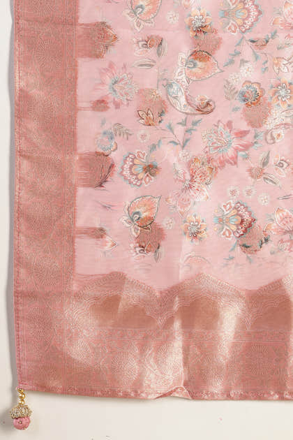 Pink Neck Embroidered Silk Suit