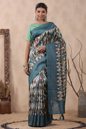 Teal Color Tussar Cotton Printed Saree