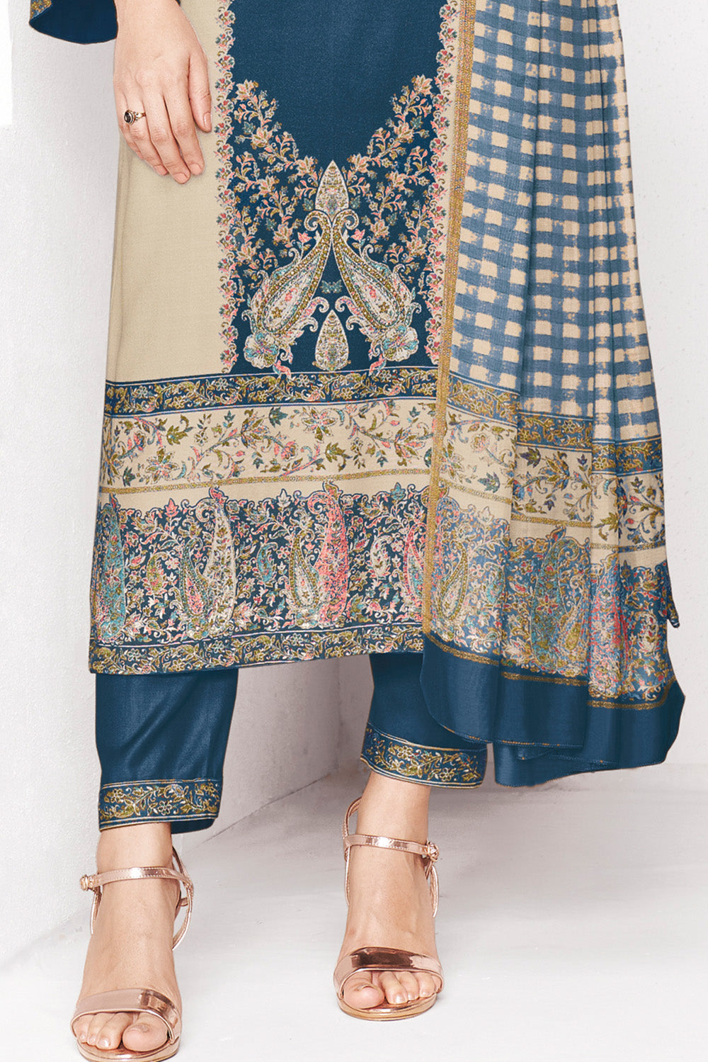 Navy & Beige Kashmiri Paisley Printed Unstitched Suits Material