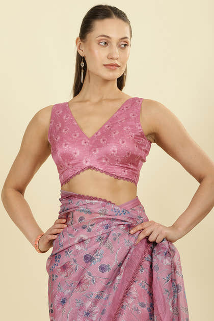 Muted Pink Organza Floral Printed And Lace Work Saree
