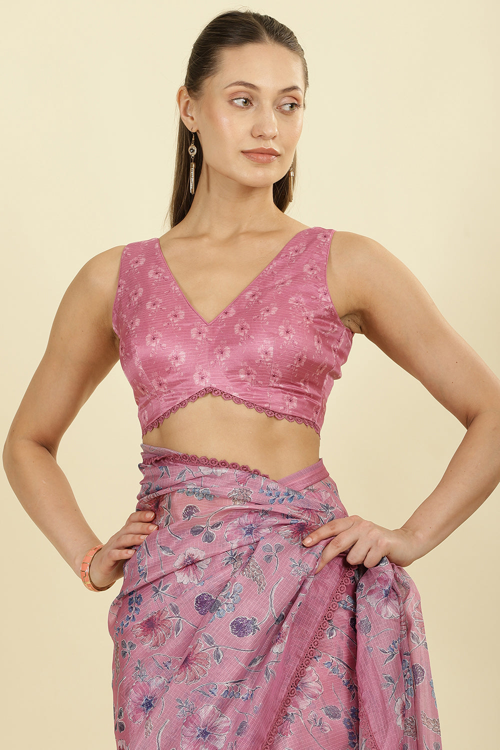 Muted Pink Organza Floral Printed And Lace Work Saree