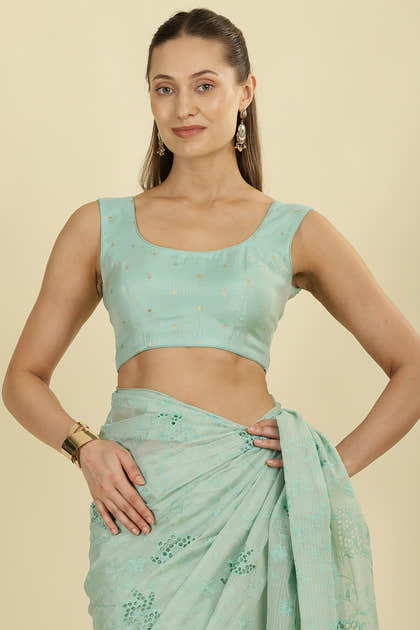 Turquoise Floral Resham Embroidered Cotton Saree