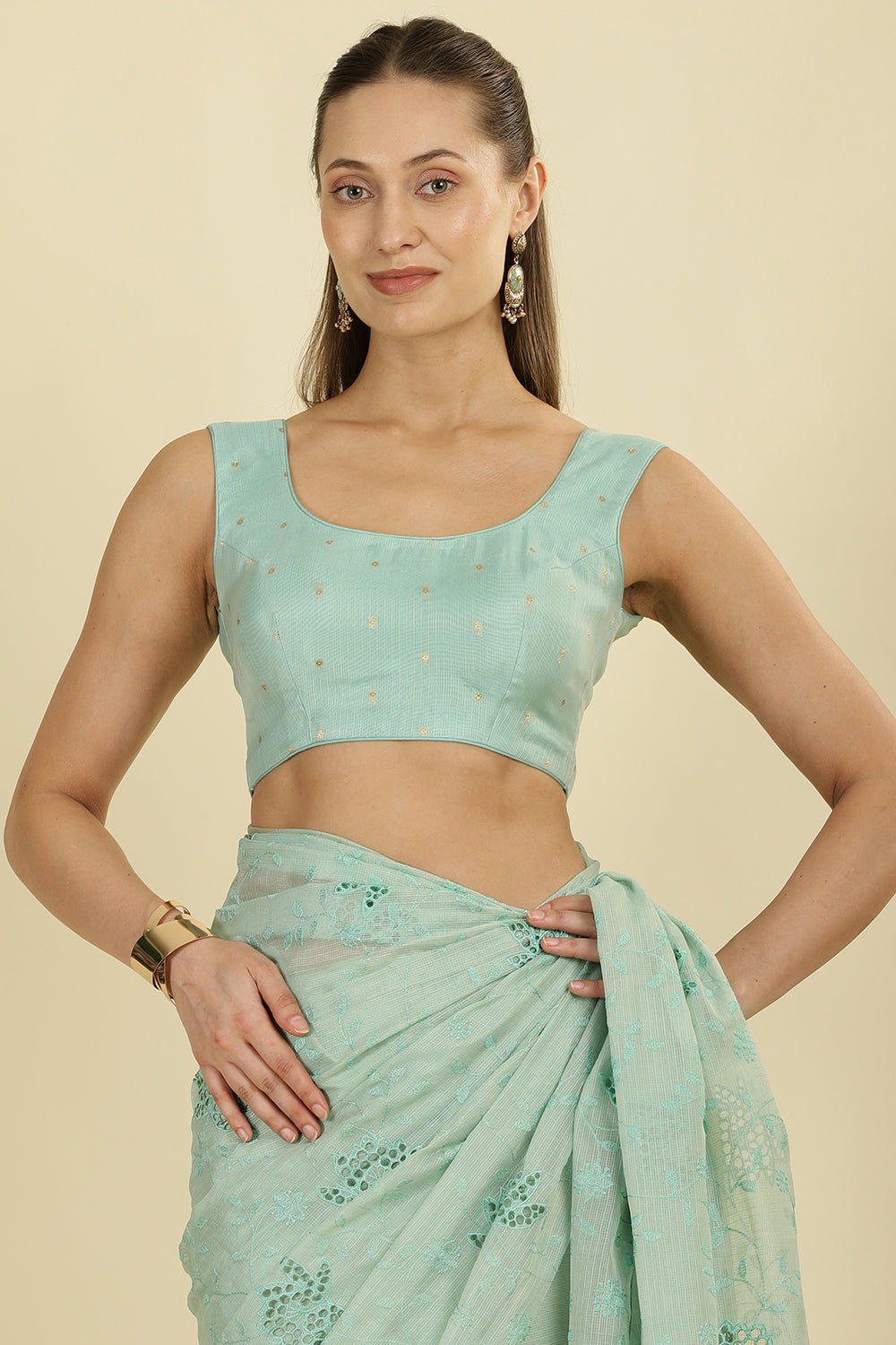 Turquoise Floral Resham Embroidered Cotton Saree
