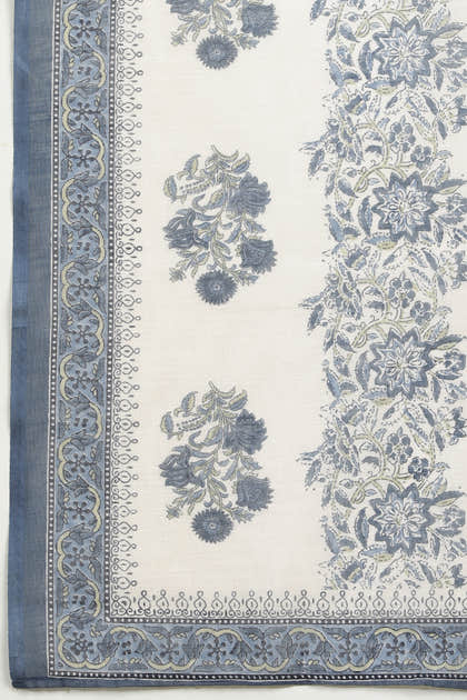 Cream & Blue Cotton Printed Unstitched Suit Material